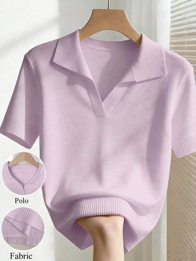 Franclia Blusa de punto ajustada de unicolor con cuello vuelto, manga corta raglán, estilo casual y sencillo para primavera/verano, talla grande para mujer