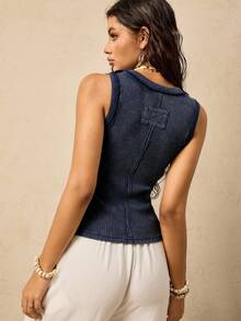 Easelle Casual Bohemian Style Lace Sleeveless T-Shirt, Waist Cinched Design, Vintage Washed Effect, Retro Nomadic Women's Navy Blue, Summer Top - Navy Blue - View 2