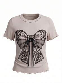 Everyssa Women's Bow Print Beaded Decorated T-Shirt - Grey - View 4
