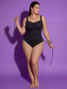 Shapewave Plus Size Women's Sexy Solid Black One-Piece Swimsuit, Suitable For Beach Holiday In Summer - Black - View 5