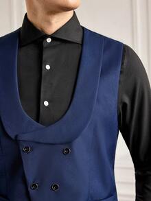3pcs Men's Classic Polyester Suit Set, Non-Stretch Solid Color, Lapel Neck, Regular Fit, With Vest, Long Sleeve Jacket And Pants, Suitable For Work Style In All Seasons Wedding Suit - Navy Blue - View 8