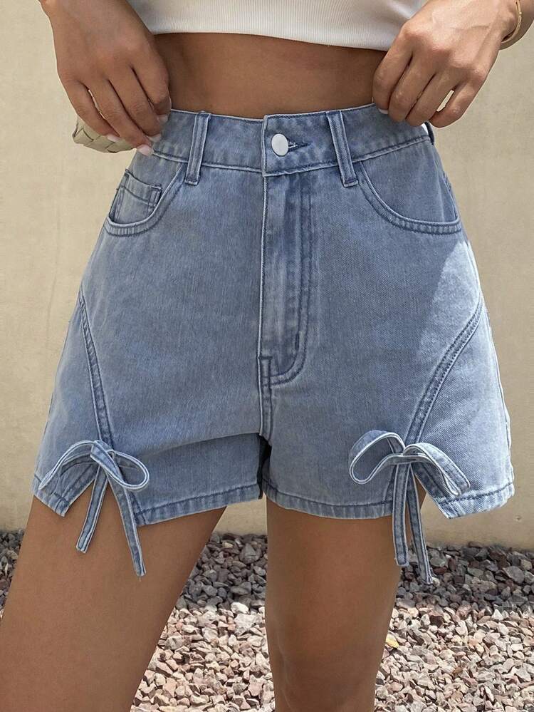 Livesso Quần short denim dáng rộng, thoải mái, thích hợp cho nữ đi nghỉ mát và đi làm, có nơ trang trí, mùa hè. - Màu xanh lam - Xem 6