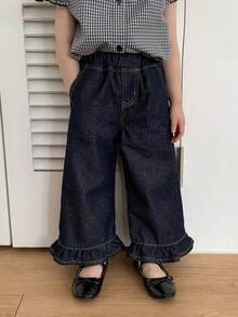 DAZY 女童/幼儿水洗荷叶边宽松休闲牛仔裤 - 藍色 - 查看 6