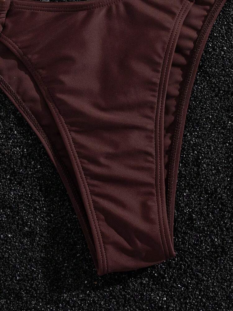 Swim Vcay New Women's Solid Color Swimwear Set, Halter Tie-Up Backless Starfish Decor High-Waist Triangle Bottoms Bikini, Beach Vacation Swimwear - Coffee Brown - View 5