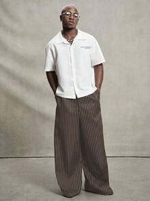 PAVTROS Men's Striped Print Casual Loose Wide-Leg Pants Wide Leg - Coffee Brown - View 5