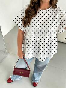 SHEIN Essnce Plus Size Women Round Neck Ruffle Trim Short Sleeve Blouse, Summer Zipper Top Ruffle Sleeve Top Pear Shape Outfits Polka Dot Top Outfits To Hide Belly Fat - White - View 6