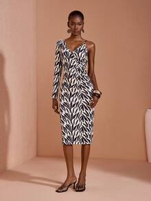 JIAN LASALA Vestido midi de mujer de manga larga con estampado en blanco y negro, ajustable con tirantes - Blanco y Negro - Ver 4
