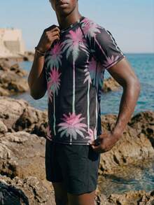 Palasendo Men's Black Palm Tree Pattern Raglan Short Sleeve Top And Shorts Swimsuit Set,Rash Guard For Summer Casual Beach Vacation Holiday Resort Swimming Wear - Black - View 5
