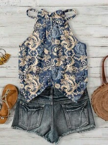SHEIN LUNE Áo yếm cổ yếm in hoa dành cho nữ, thích hợp cho kỳ nghỉ hè ở bãi biển. - Nhiều màu - Xem 2
