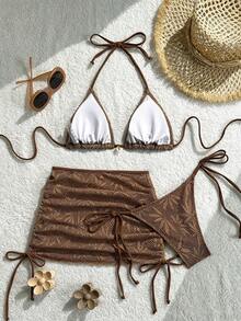 SHEIN Swim Mod Swimsuits For Woman Shell Decor Halter Bra & Swim Bottom & Cover Up Skirt Bikini Set, Summer Beach Bathing Suit - Coffee Brown - View 2