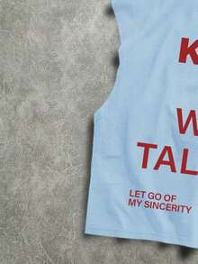 Manfinity ZONE917 Men's Slogan Print Sleeveless Vest, Oversized Cropped Fit, Light Blue - Blue - View 3