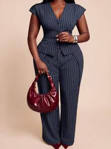 Radiana Plus Size Women's Summer Casual Light Blue Striped Bussines Office Work Blazer,Elegant Retro Striped Drop Shoulder Wide Shoulder Jacket For Urban - Blue - View 3