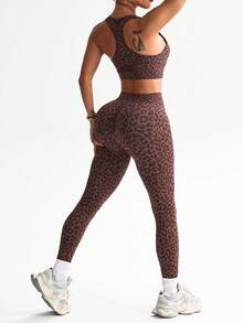 Dewbera Bộ 2 món gồm áo ngực thể thao và quần legging yoga cạp cao, không đường may, họa tiết da báo gợi cảm dành cho nữ. - Cà phê nâu - Xem 2
