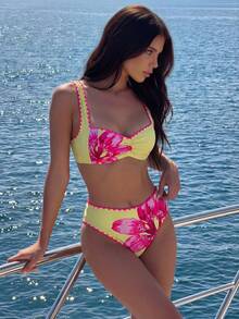 Swim Vcay Women's Summer Beach Solid Color Shell Trim Thick Strap Front Ruched Hollow Back Bikini Top And Shorts Casual Vacation Swimwear Set - Multicolor - View 5