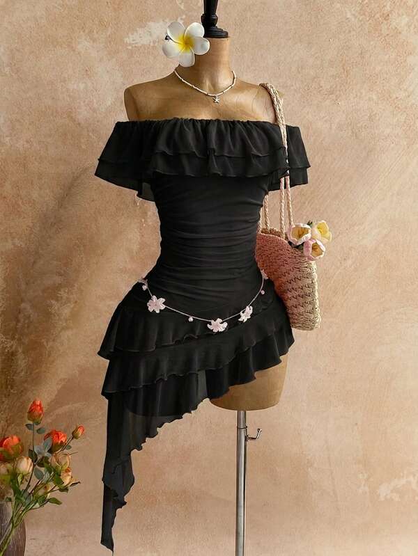 Soleia Black Summer Elegant Holiday Vacation Holiday,Knit Mesh Strapless Fitted Multilayer Ruffle Asymmetric Hem Dress,Bohemian Boho Garden Tea Party Date