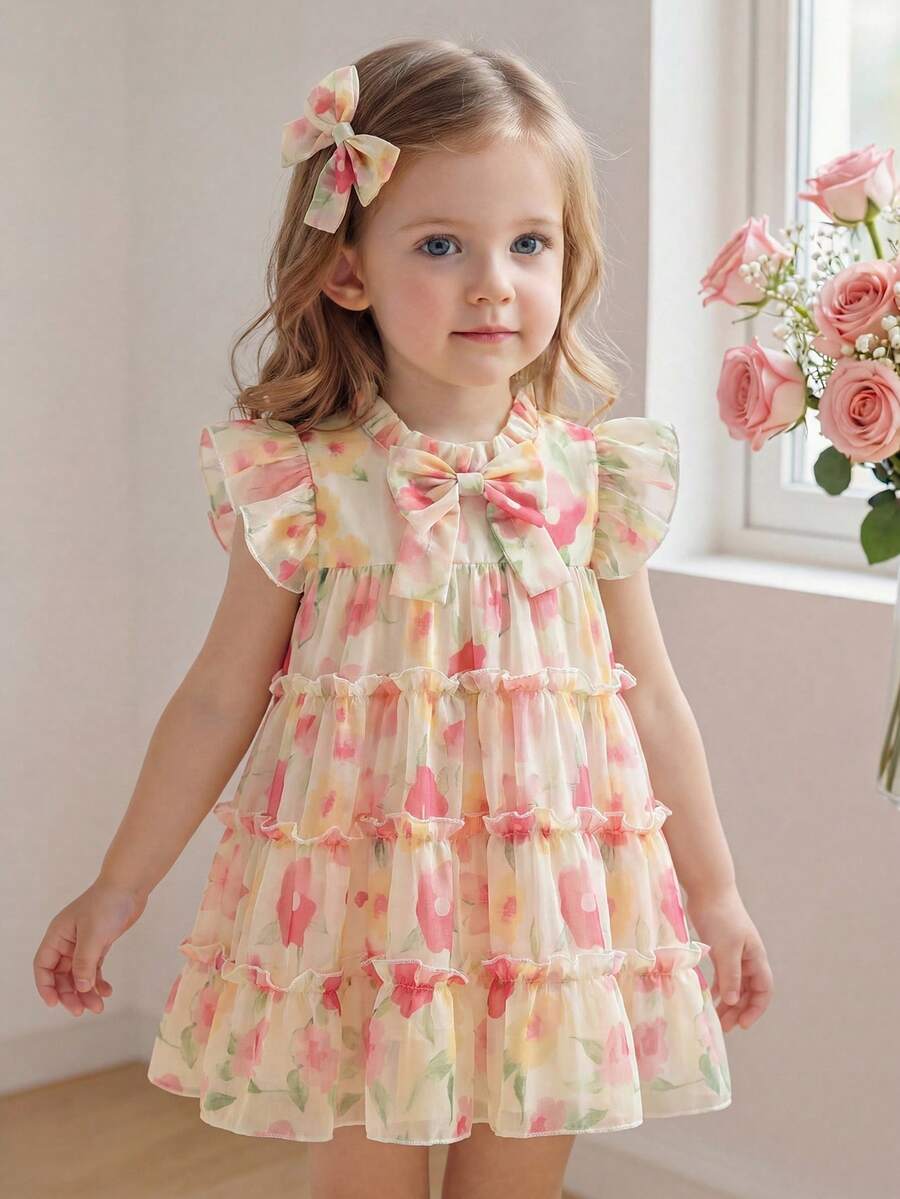 SHEIN Baby Girls' Fashionable Casual Floral Print Bow Decor Cake Dress, Suitable For Spring, Summer, Autumn, Home, Vacation, Festivals, Parties, Daily Wear - Apricot - View 1