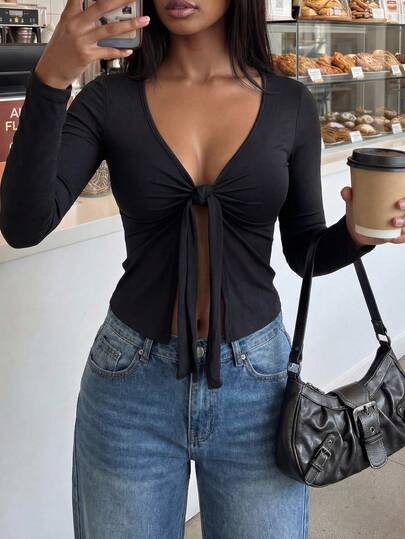 FavEase Women's V-Neck Ruched Tie Front Long Sleeve Casual Soft T-Shirt Fall Cloth For Women