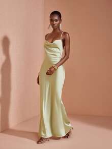 JIAN LASALA Elegant Sexy Satin Spaghetti Straps Drape Neck Sleeveless Mermaid Maxi Dress Wedding Party Sage Green Summer - Green - View 5