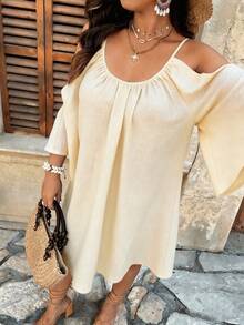 Weeklong Plus Size Round Neck Ruched Pleated Split Flare 3/4 Sleeve Casual A-Line Dress - Apricot - View 6