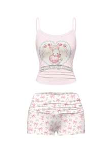 ROMWE Kawaii Bộ đồ ngủ gồm áo hai dây ren và quần short xếp ly in hình thỏ, bướm và hoa dễ thương và duyên dáng, thích hợp mặc ở nhà. - Hồng - Xem 1