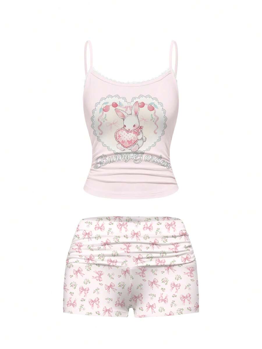 ROMWE Kawaii Bộ đồ ngủ gồm áo hai dây ren và quần short xếp ly in hình thỏ, bướm và hoa dễ thương và duyên dáng, thích hợp mặc ở nhà. - Hồng - Xem 1