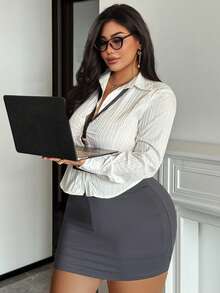Dazy Plus Plus Size Women's Elastic Bodycon Sexy Versatile Sexy Skirt, Spring/Summer - Grey - View 8