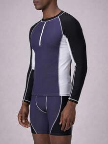 ZELFYO Men's Contrast Color Half Zip Rash Guard & Swim Trunks 2-Piece Swimsuit Set,Navy Blue Atletic Swim Shirt With Compression Trunks,Summer Beach Holiday - Grey - View 6