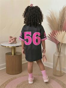 Young Girl Numeric Print V-Neck Short Sleeve Casual Dress - Black - View 2