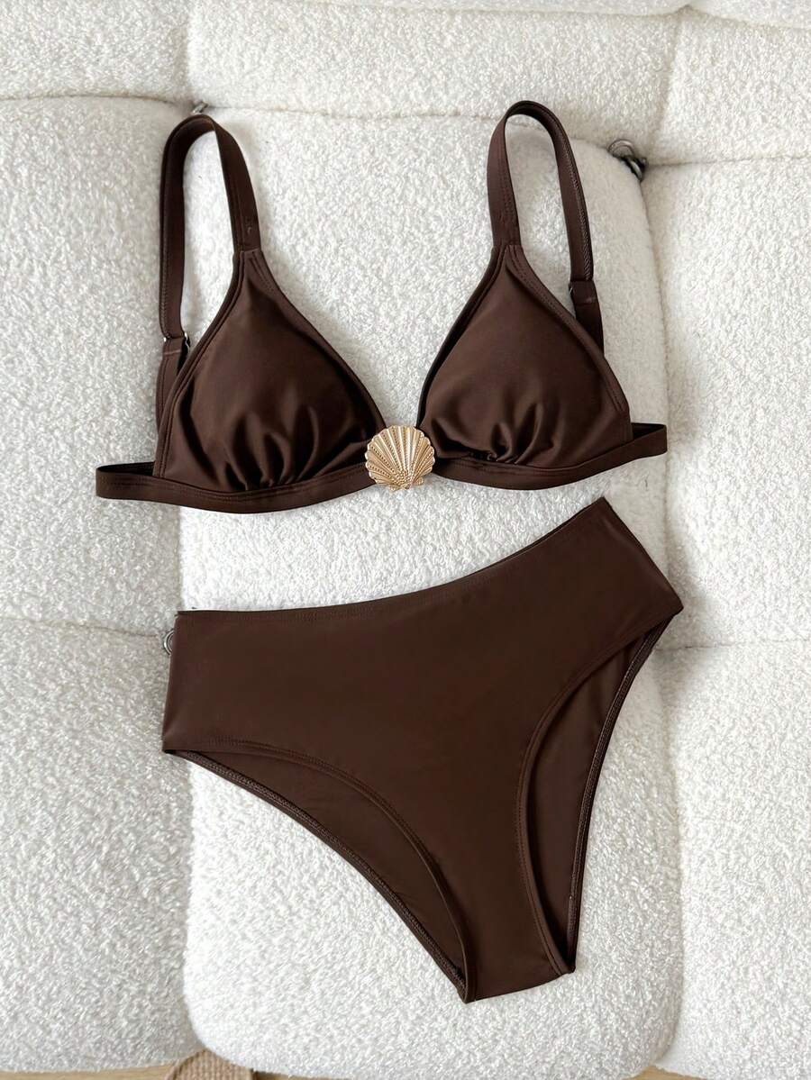 SHEIN 适合青少年女孩的纯色无肩带系带金属饰品比基尼套装,夏季泳装套装/沙滩女孩装/两件式泳衣/青少年比基尼套装 - 棕色 - 查看 1
