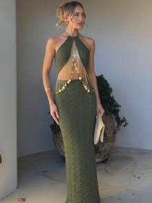 Firerie Đầm dài ôm sát cơ thể, thanh lịch, lãng mạn, tinh tế, gợi cảm, thích hợp cho các buổi tiệc tùng, đi biển, lễ hội âm nhạc, đính sequin, tua rua, khoét sâu, xuyên thấu, cổ yếm, hở lưng, màu xanh lá cây. - xanh quân đội - Xem 4
