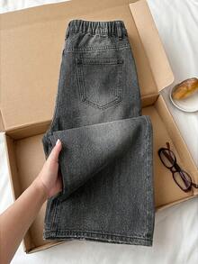 SHEIN 孕婦純色灰色高腰寬腿牛仔褲，女款破洞寬鬆寬腿牛仔褲，夏季休閒日常時尚 Y2K 街頭風商務風 - 藍色 - 查看 2