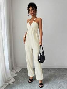 Selianne Women's Solid Color Halter Neck Pleated Casual Jumpsuit - Apricot - View 4