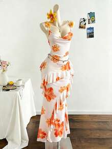 SaltGleam SaltGleam Women's Fashion Draped Neck Ruched Waist Bodycon Elegant Tropical Everyday Floral Mesh Ruffle Splice Maxi Dress For Wedding Beach Vacation, Holiday - Multicolor - View 1