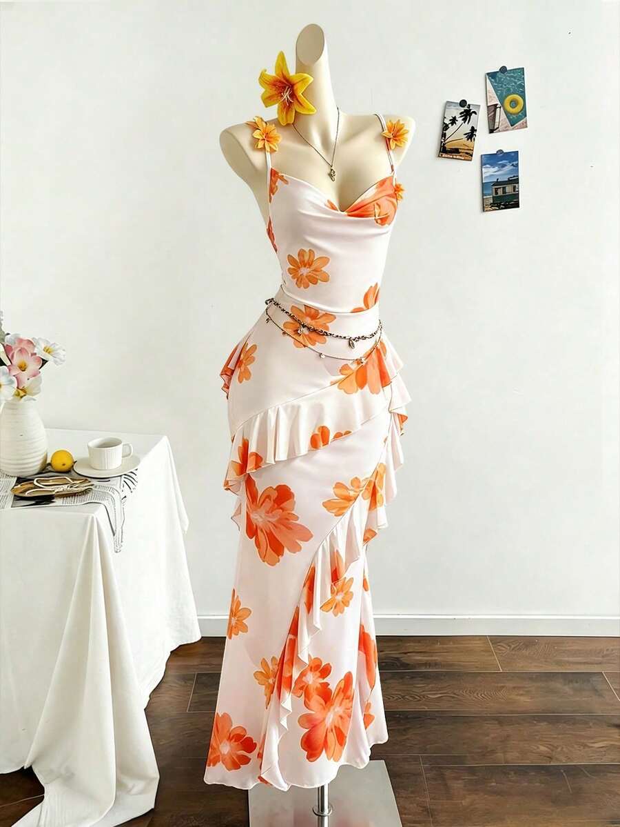 SaltGleam SaltGleam Women's Fashion Draped Neck Ruched Waist Bodycon Elegant Tropical Everyday Floral Mesh Ruffle Splice Maxi Dress For Wedding Beach Vacation, Holiday - Multicolor - View 1