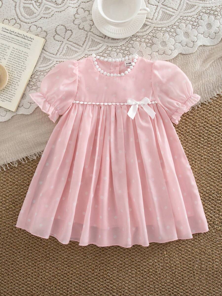 SHEIN Gaun Kasual Lengan Mengembang Leher Bulat Motif Polkadot untuk Bayi Perempuan, Musim Panas