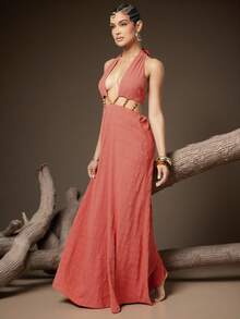 Hauture Robe maxi avec bordure de perles à la taille, motif marbre rouille - Tabac - Voir 5