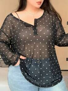 Dazy Plus Solid Color Scoop Neck Half-Open Collar Long Sleeve T-Shirt, Spring/Summer - Black - View 5
