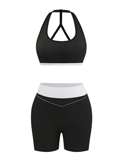 With My Calm Bộ 2 món áo và quần thể thao cơ bản thấm hút mồ hôi, thiết kế phối màu tương phản, đen/trắng/xám, không đường may, phù hợp cho tập thể dục/yoga.