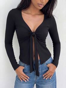 FavEase 女士 V 领褶皱系带长袖休闲柔软 T 恤 - 黑色 - 查看 4