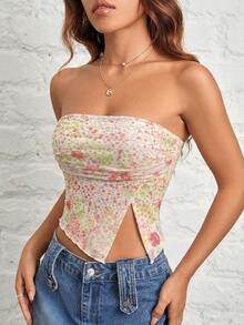SHEIN PETITE Regata Tubinho Rosa de Tule com Estampa Floral Plissada e Bainha Assimétrica - Multicolorido - Visão 5