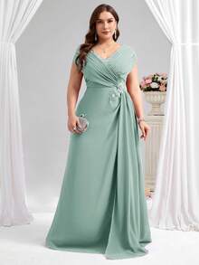 Coutiva Đầm cỡ lớn thanh lịch đính sequin và hạt cườm, xếp ly eo dành cho mẹ cô dâu. - Màu xanh Bạc hà - Xem 6