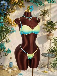 Amplova Women's Light Blue Hemp Rope Ombre Swimwear Set, & Avant-Garde Front Ruching Summer Beach Outfits,Casual Holiday Vacation Summer Festival Outfit - Multicolor - View 7