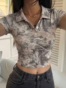 DAZY 女款領口短袖修身休閒套頭T恤，性感街頭風短版印花上衣 - 彩色 - 查看 5