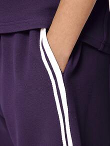 Boys Textured Crew Neck T-Shirt And Shorts Co-Ord Set With Contrast Side Stripe Detailing Casual Summer Outfit - Purple - View 6
