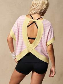 VARSIVA Summer Top, Women's Pink Striped Backless Short Sleeve Sports Casual T-Shirt Pilates Sommer, Summer Top T Shirt, Yoga, Gym, Casual, Vacation, Sports - Multicolor - View 3