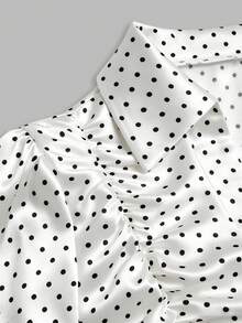 Sweetra Women's Polka Dot Pattern Short Sleeve Pleated Single-Breasted Shirt - White - View 6