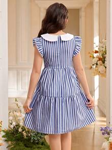 Tween Girl/Tween Girls' Elegant Patchwork Color Block Peter Pan Collar Sleeveless Dress - Blue - View 5