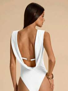 Mono de mujer de unicolor casual con espalda descubierta, decoración de cadena metálica en el cuello, adecuado para playa, vacaciones, resort, trabajo casual, viajes, salidas de ocio, mono marrón, mono elegante y sexy con espalda descubierta - Blanco - Ver 2