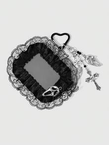 ROMWE Goth 1個Y2k復古時尚甜酷辣妹個性化龐克暗黑風哥德式黑紅細樹脂圓珠手工串珠蝴蝶結CCB圓珠古銀滴油劍穿心火焰皇冠愛心金字塔四角形骷髏十字惡魔翅膀尖叫鬼臉黑色鏤空蕾絲網格百褶蕾絲壓克力卡片卡套校園卡身分證卡套星卡卡套產業卡套DIY鑰匙圈包包吊飾，適合上班族學生派對情侶姐妹女友 - 黑色-16 - 查看 11