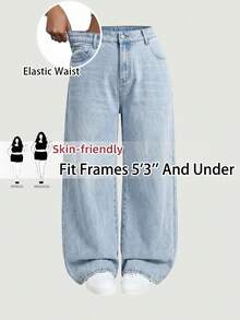 SHEIN PETITE CURVE Quần jean ống đứng dáng rộng màu xanh dương có túi dành cho nữ cỡ lớn - Rửa nhẹ - Xem 1